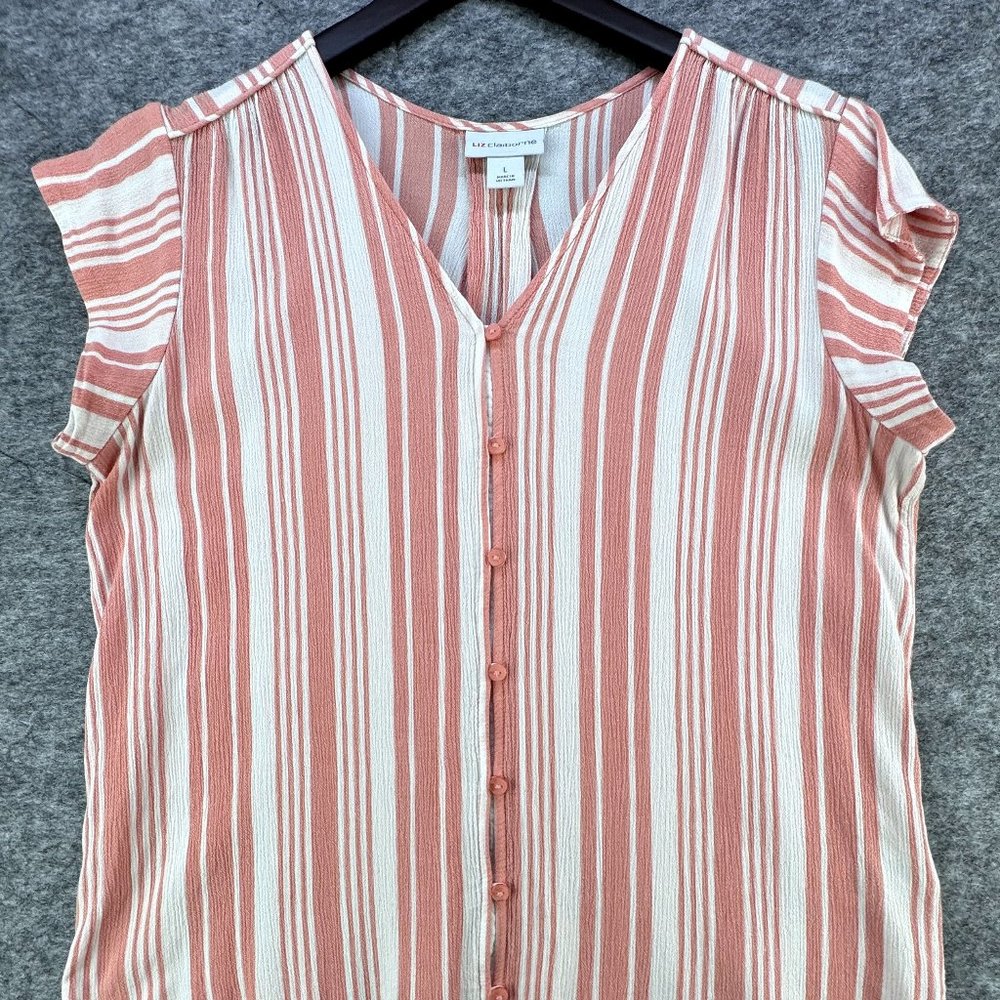 LIZ CLAIBORNE Peach/Pink Stripe Blouse cap sleeves Size Large